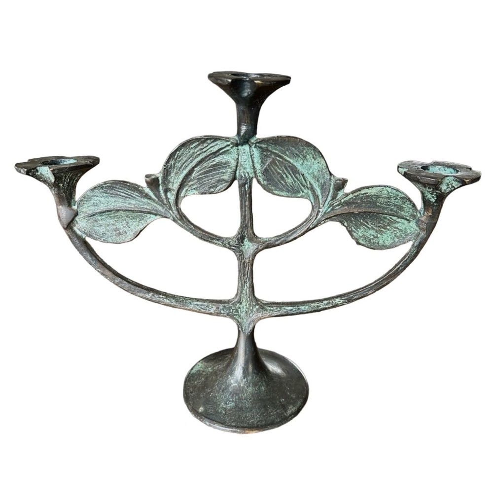 Vintage Bronze Candelabra 3 Candle Holder Flower Cups Leaf Stand 11.5”x 9”